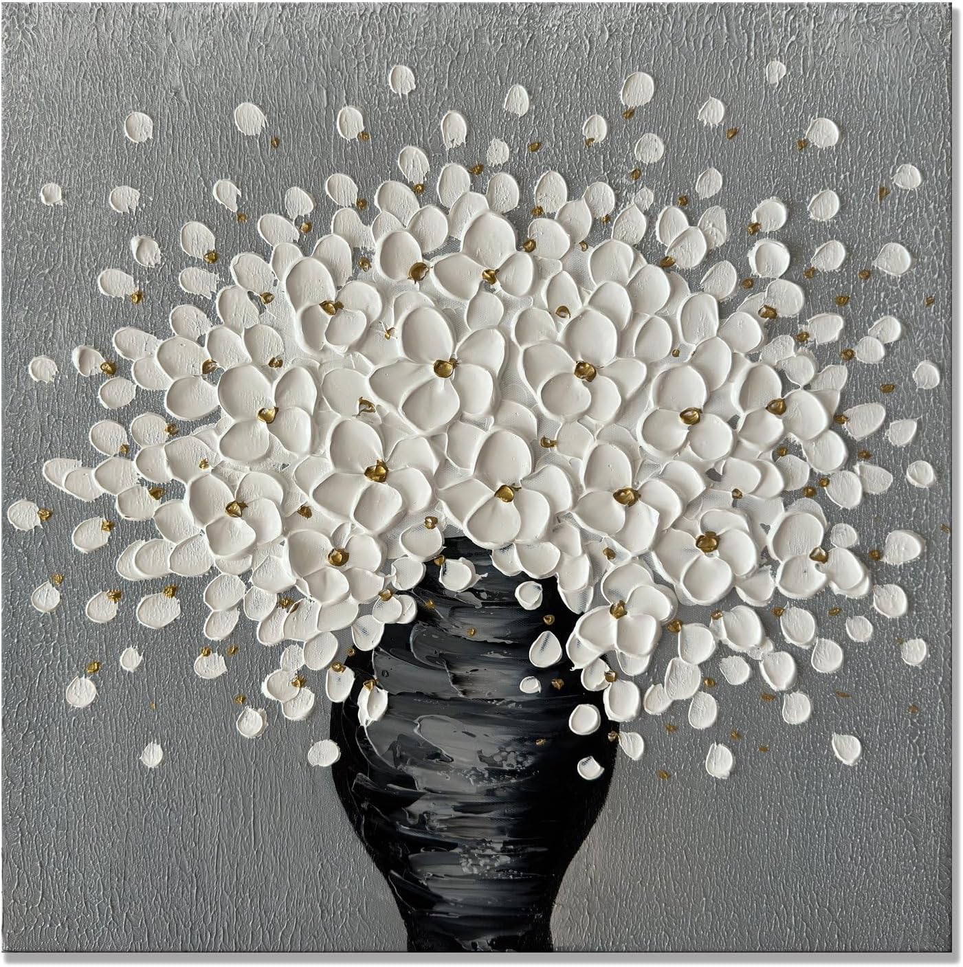 Paintings - Alenoss Hand Painted White Floral 3D Oil Paintings on Canvas Modern Canvas Paintings Wall Decorations Abstract Mural Painting 20x20 Inches Texture Canvas Wall Art