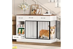 OtterOasis Large Dog Crate Furniture, 47.2'' Dog Kennel Indoor with 3 Storage Drawers and Hidden Feeding Bowl, Sturdy Wooden Dog Crate with 2 Doors and Adjustable Shelf for Small, Medium Dogs