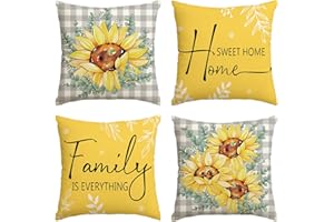 AVOIN colorlife Home Sweet Home Sunflower Summer Buffalo Plaid Throw Pillow Covers, 18 x 18 Inch Family is Everything Yellow Cushion Case Decoration for Sofa Couch Set of 4