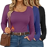 Ficerd 3 Pack Women's Plus Size Thermal Shirts Fleece Lined Scoop Neck Long Sleeve Tops Fitted Winter Base Layer Underwear