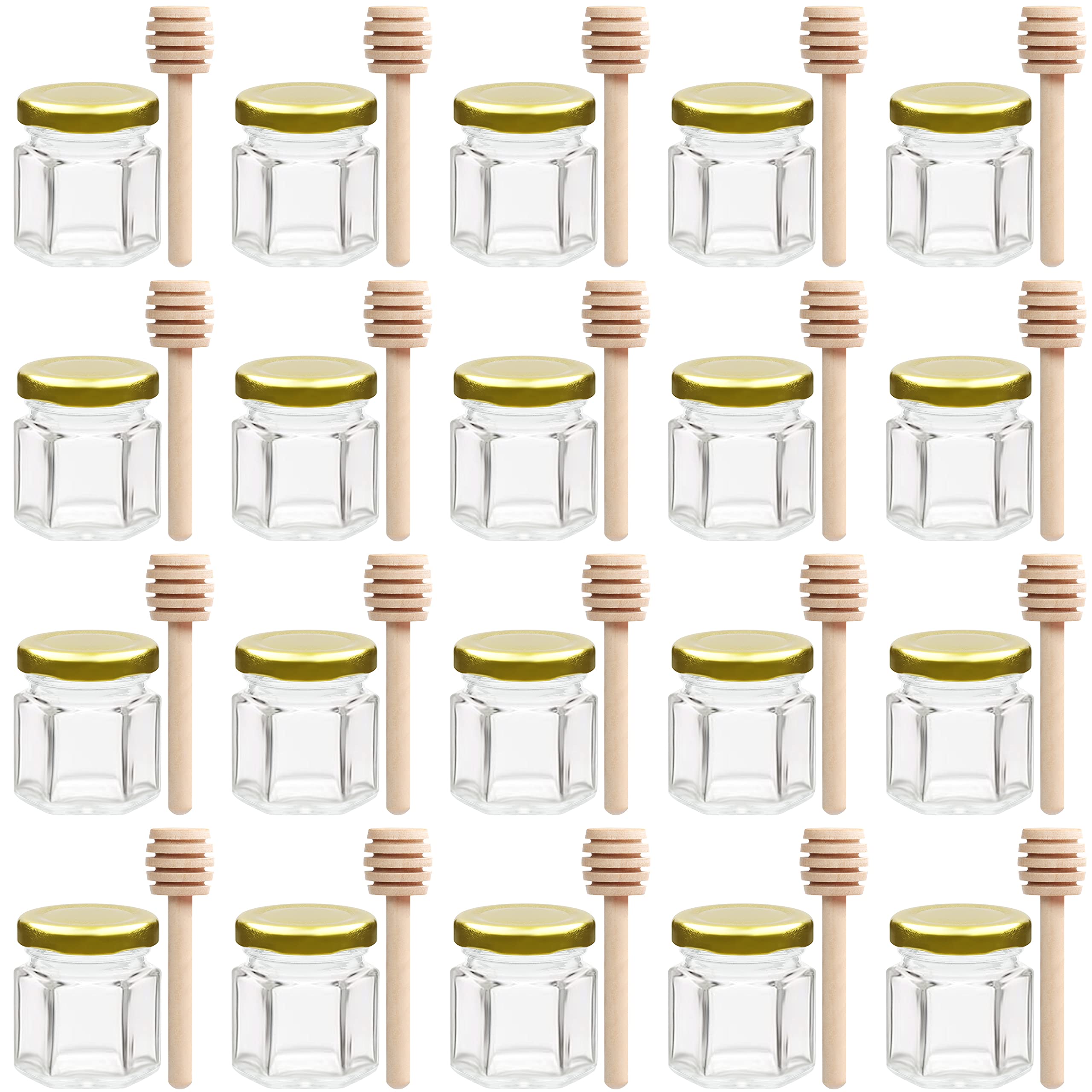 BELLE VOUS 20 Pack Hexagonal Glass Honey Jars with Lid & Wooden Dipper - 40ml/1.4oz Mini Pots - Mason Jar for Foods, Jams & Spices - Baby Shower, Wedding & Party Favors