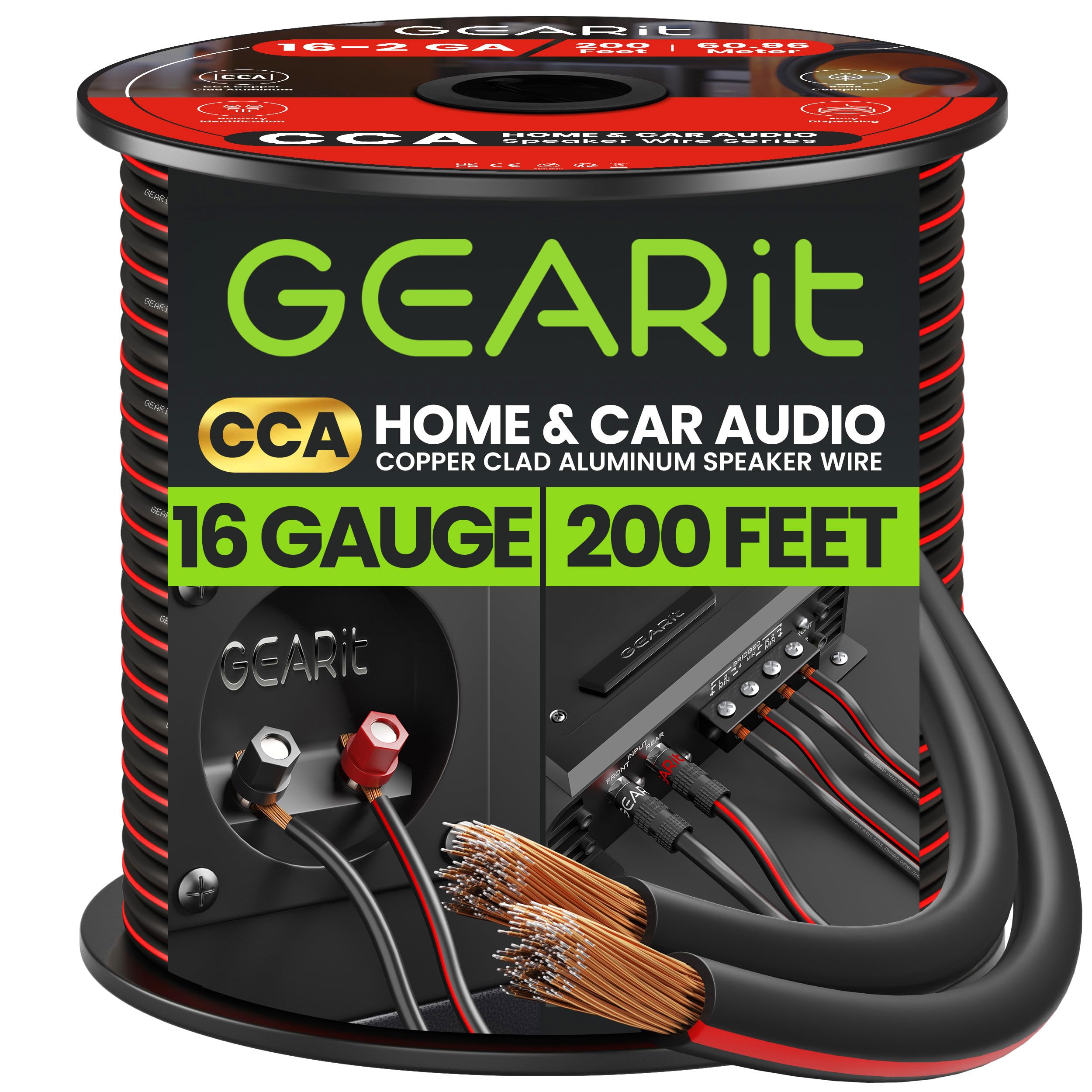 GearIT Speaker Wire Audio Cable CCA 2x1.5mm≤ (60.96 Meters - Black) Copper Clad Aluminum - Great for Hi-Fi Home Theater and Car Speakers - 16 Gauge AWG, 200 Feet