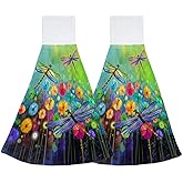 Elightvap 2PCS Abstract Flower Hanging Kitchen Towel Watercolor Dragonfly Hand Towels Soft Coral Velvet Loop Dish Towel for Bathroom Washcloth Absorbent Tie Towel
