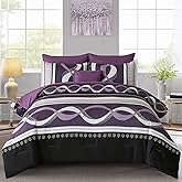 Anibedding Boho Comforter Set,8 Pieces Bed in a Bag Patchwork Striped Comforter Set,Purple Bed Set Queen Size,Soft Microfiber Boho Bedding Set for All Season(90"×90")