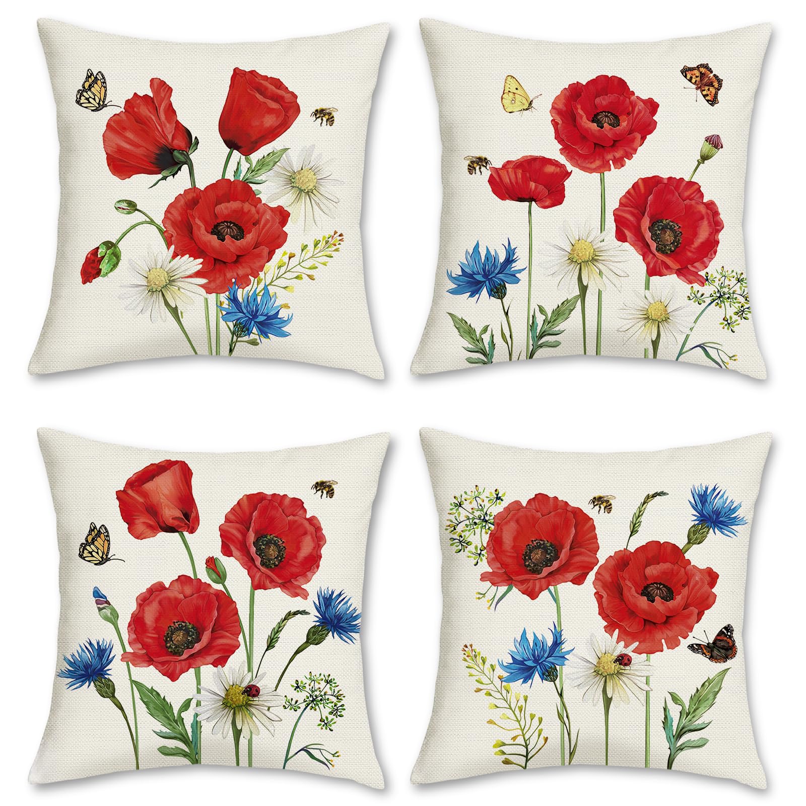 Bonhause Poppy Floral Cushion Covers 45 x 45 cm Spring Red Flower Decorative Throw Pillow Covers Polyester Linen Pillowcases for Sofa Couch Bedroom Indoor Outdoor Decor Set of 4
