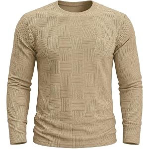 Mens Classic Crewneck Undershirt Casual Stretch Solid Long Sleeve Warm Tops Fall Trendy Textured Lounge Shirts