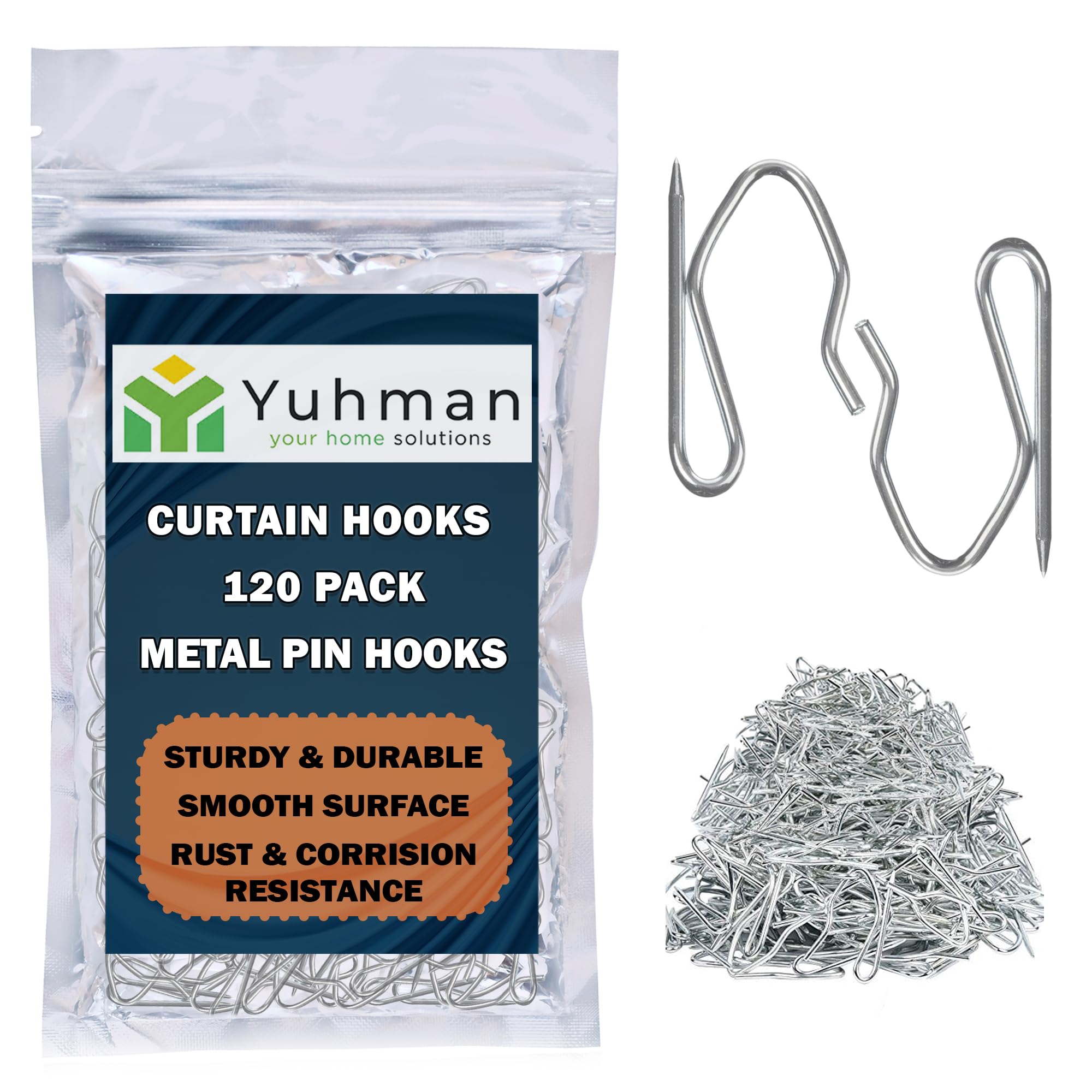 Yuhman 120 Pack Metal Curtain Hooks – 3.3cm x 2.1cm Stainless Steel Pinch Pleat Curtain Hooks & Heavy-Duty Pin Hook– Ideal for Windows Curtains, Pencil Pleat, Shower Curtains.