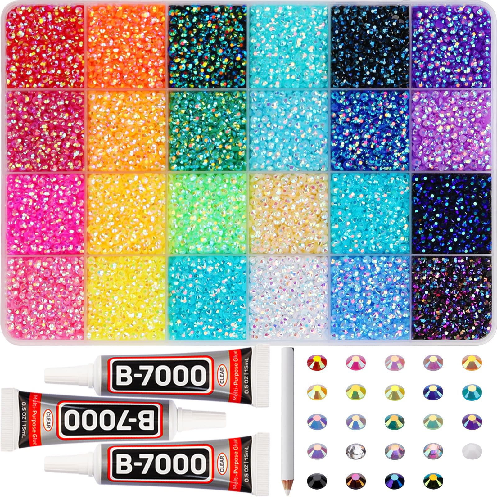 Photo 1 of ***Colors all mixed up. And did not come with glue***33000Pcs 3mm Rainbow Jelly Rhinestones Gems for Bedazzling Crafting, Colorful Bedazzled Resin Gemstone Flatback Jewel, SS10 Multi Colored Bedazzler Kit with B7000 Glue for Book Clothes Crafts Clothing**