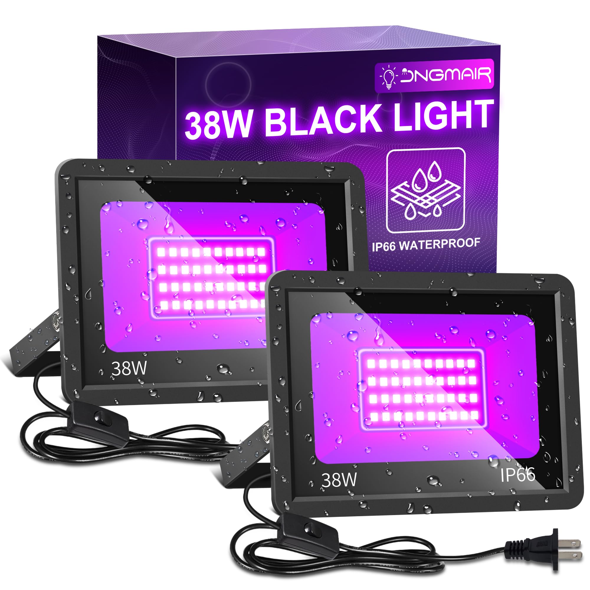 Photo 1 of 38W Black Lights, IP66 Waterproof Outdoor LED Black Light Floodlights with Switch, Plug, Cord for Glow Party, Body Paint, Fluorescent Poster, Halloween