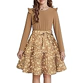 GRACE KARIN Girls Fall Long Sleeve Dresses Girl Floral Midi Dress Kids Casual Holiday Dresses with Belt Size 6-13