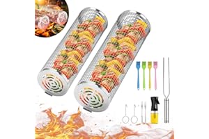 VEUIEIZT Grill Basket, Rolling Grilling Baskets, Stainless Steel Grill Mesh, Barbeque Grill Accessories, Portable Outdoor Camping BBQ Rack for Meat, Shrimp, and Vegetables.