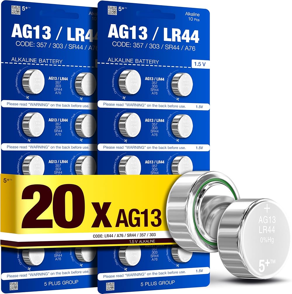 5 Plus LR44 A76 357 303 SR44 1.5V Alkaline Button Cell Batteries 20 Pack