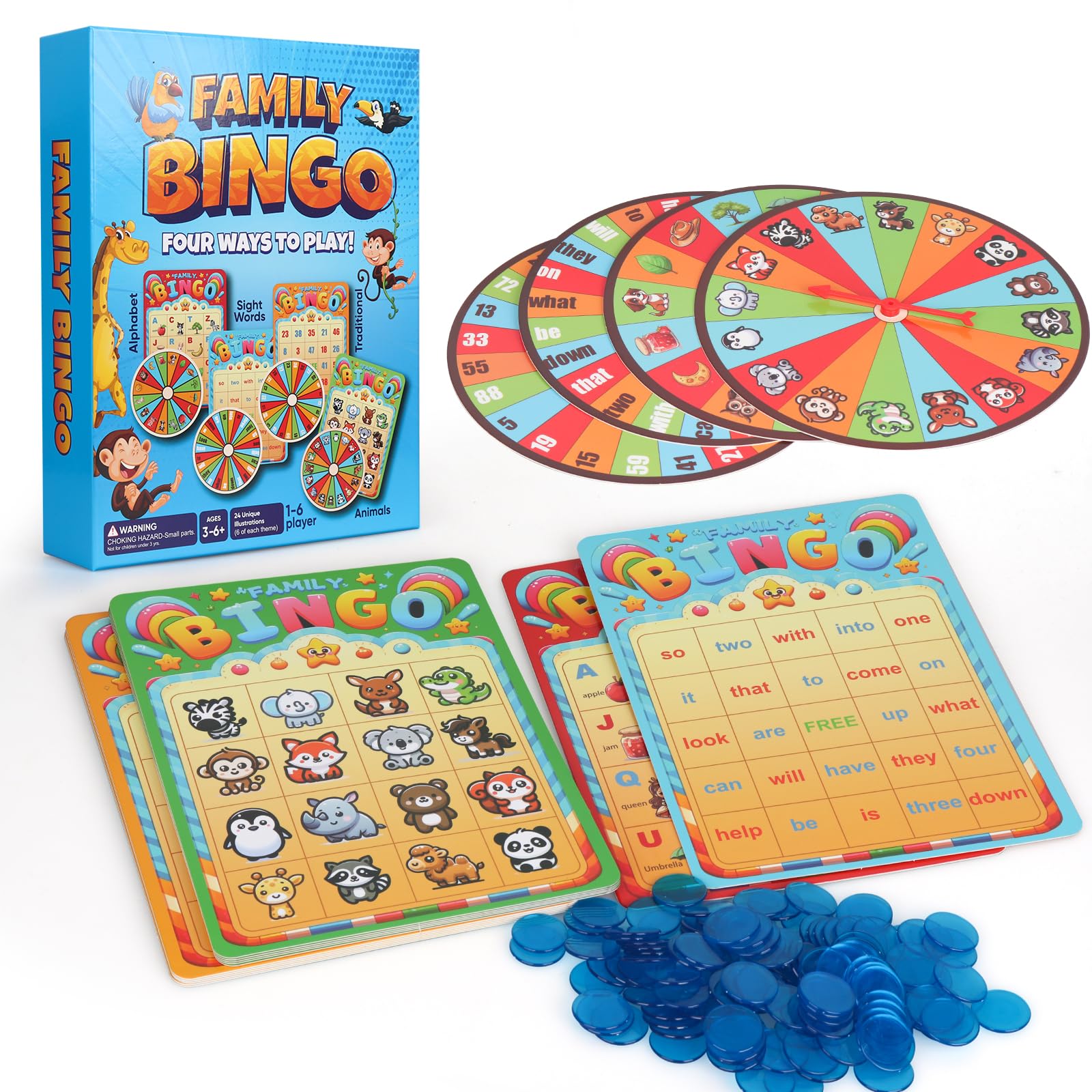 Family Bingo Game - Four Ways to Play - Alphabet and Number,Sight Words and Animals Bingo Board Game for Kid - Bingo Games for Kids Ages 4-8