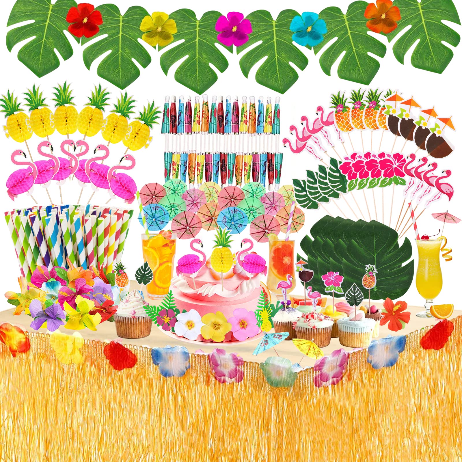 Shinelee 185PCS Hawaiian Tropical Party Decorations Hawaiian Luau Grass Table Skirt Set Hawaiian Party Accessories for Jungle Beach Summer Tiki Tropical Luau Party Decorations
