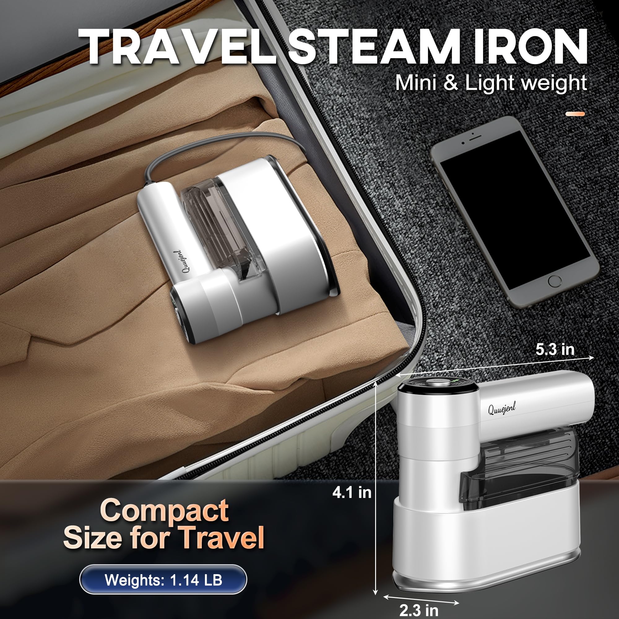 Travel Steamer - Portable Steamer for Clothes, 8FT Power Cord, Handheld Small Size Steam Iron Collapsible Design, Travel College Dorm Home Essentials (White)