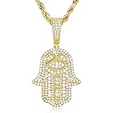 TRIPOD JEWELRY 18K or White Real Gold Plated Evil Eye Hamsa Hand Pendant Necklace Iced Out Good Luck Protection Fatima Pendants Chain for Men Women(Custom Box and Pouch Packing)
