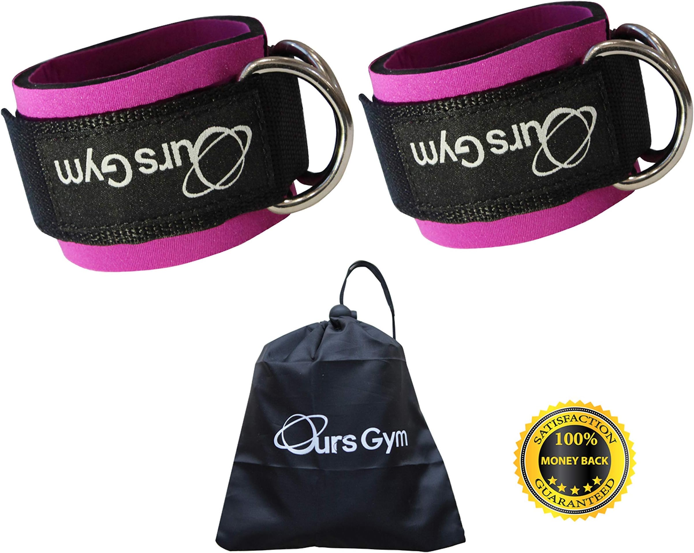 OursGym Ankle Straps for Cable Machines Resistance Bands (Pack of 2),Neoprene Padded Ankle cuffs Weight lifting Leg Gym Workout - Double D-Ring (Free Carry Case Included)