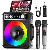 VOSOCO Karaoke Machine, Portable Bluetooth Karaoke Speaker with 2 Wireless Microphones, PA System for Adults Kids with LED Lights & Echo Adjustment, Supports TWS/TF/USB/AUX for Home Party
