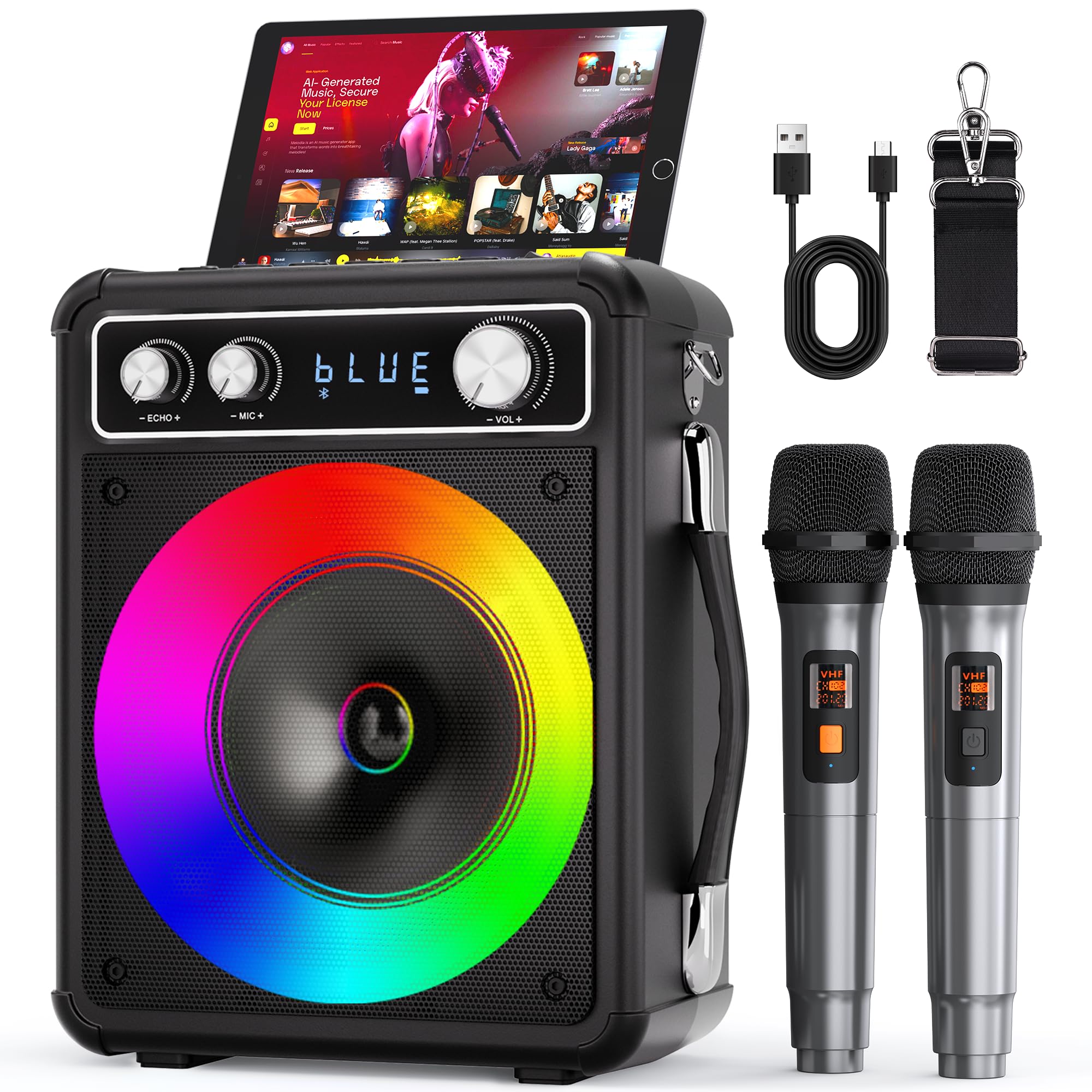 Photo 1 of VOSOCO Karaoke Machine, Portable Bluetooth Karaoke Speaker with 2 Wireless Microphones, PA System for Adults Kids with LED Lights & Echo Adjustment, Supports TWS/TF/USB/AUX for Home Party