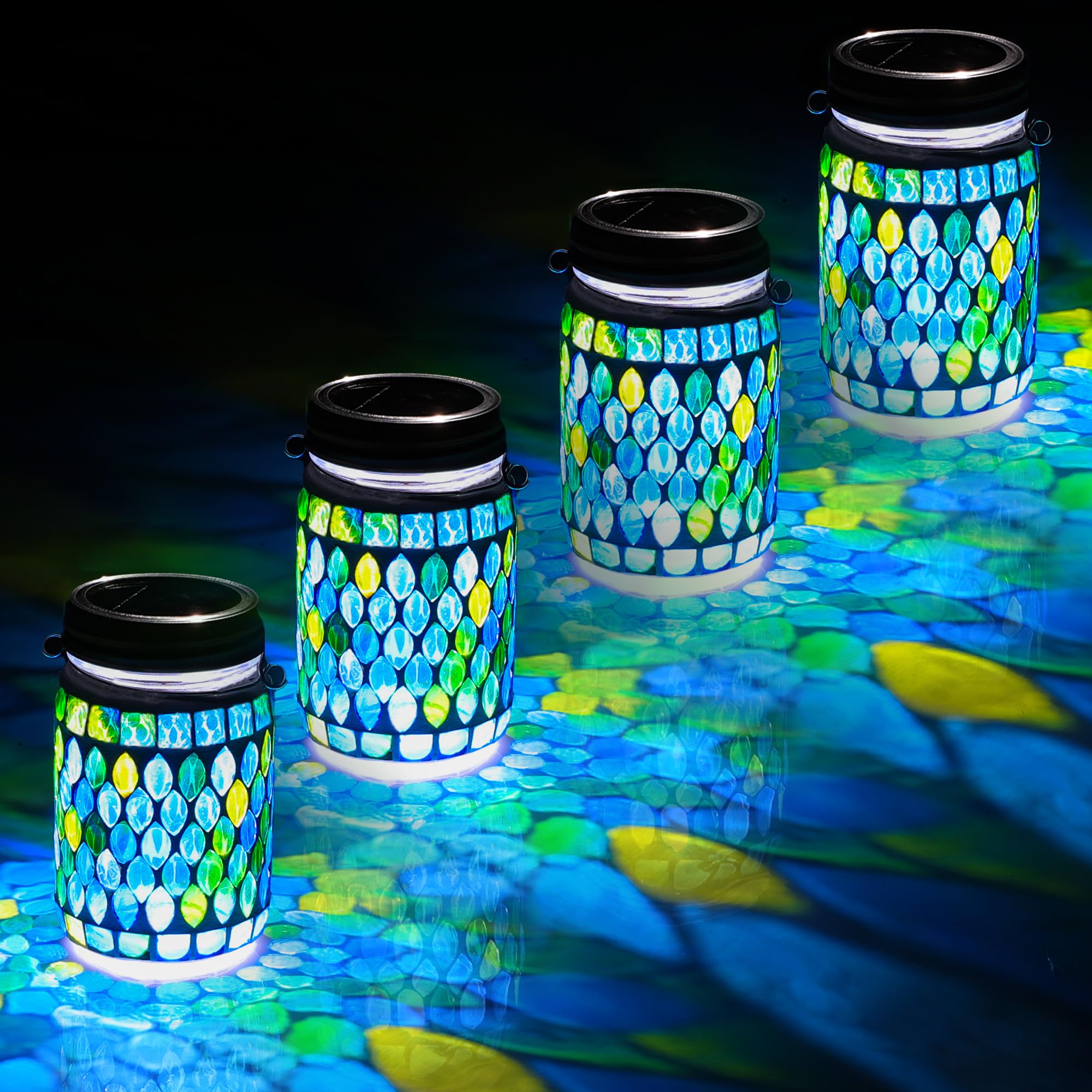 Photo 1 of Cooo 4 Pack Mosaic Solar Lanterns Outdoor Waterproof Jar Lights Solar Powered, Hand Paste 141 Crystal Mosaics Table Hanging Garden Backyard Decor Lamps ?Just a Little More, Get Double The Delight ?