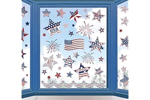 Whaline 9 Sheets Patriotic Window Clings Stickers Veterans Day Window Clings Stickers USA Stars Shape Window Decals Blue Red White Double-Sided for 4th of July Independence Day School Party Supplies