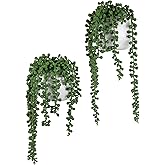 MyGift Artificial Faux String of Pearls Plants in White Ceramic Wall Hanging Planter Pot with Jute Rope, Set of 2