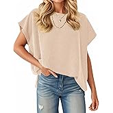 Tankaneo Womens Oversized Short Cap Sleeve Tunic Tops Summer Casual Textured Ribbed Knit T-Shirts Loose Fit Tees