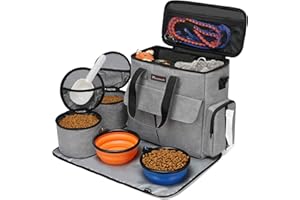 Modoker Dog Travel Bag, Weekend Pet Travel Set for Dog and Cat, Airline Approved Tote Organizer with Multi-Function Pockets, 2 Food Storage Containers, 2 Collapsible Bowls, 1 Feeding Mat (Grey)