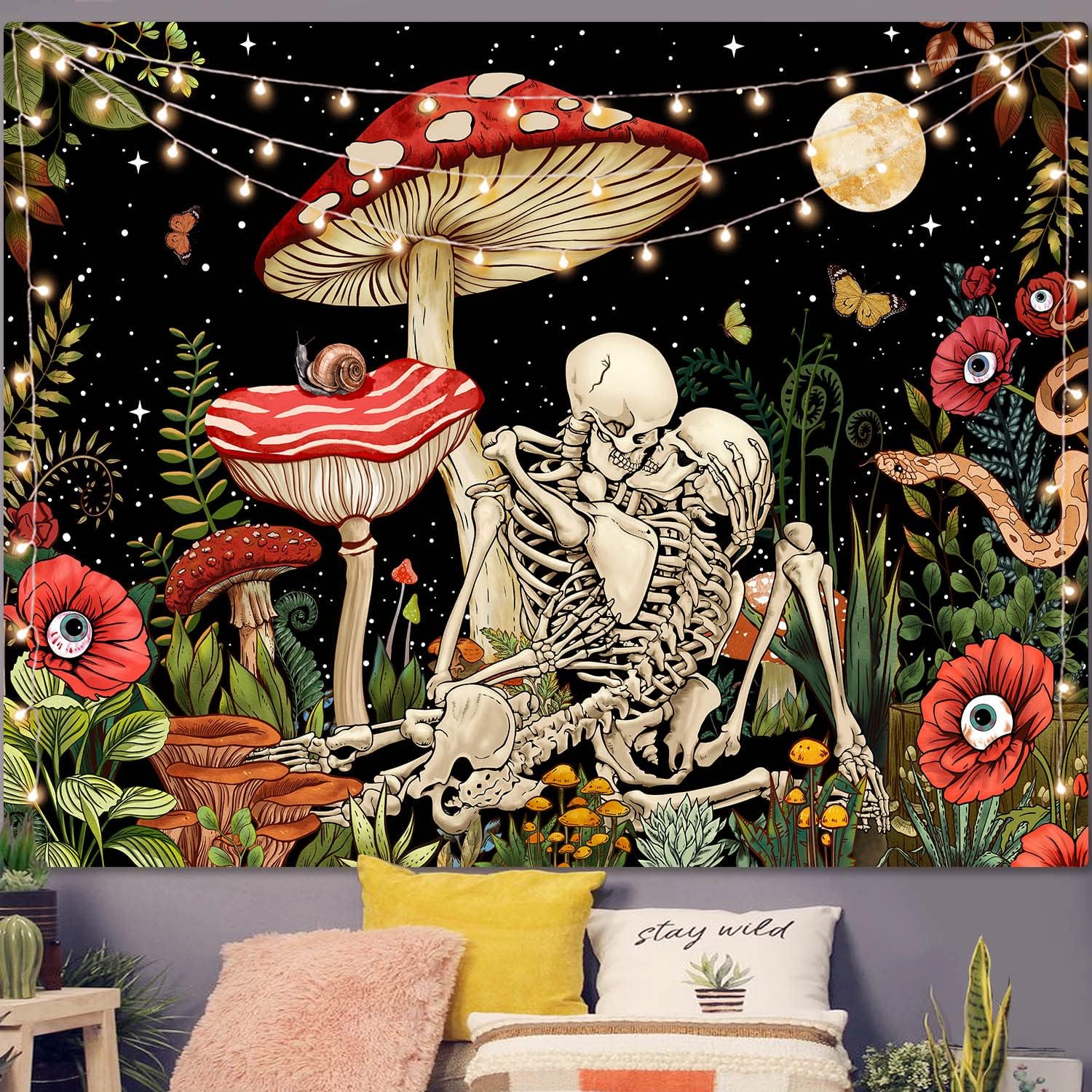 Tapestries - Accnicc Mushroom Skull Tapestry Skeleton Floral Plant Flower Aesthetic Bedroom Tapestries Nature Moon Wall Tapestry for Dorm Living Room (48'' × 36'')