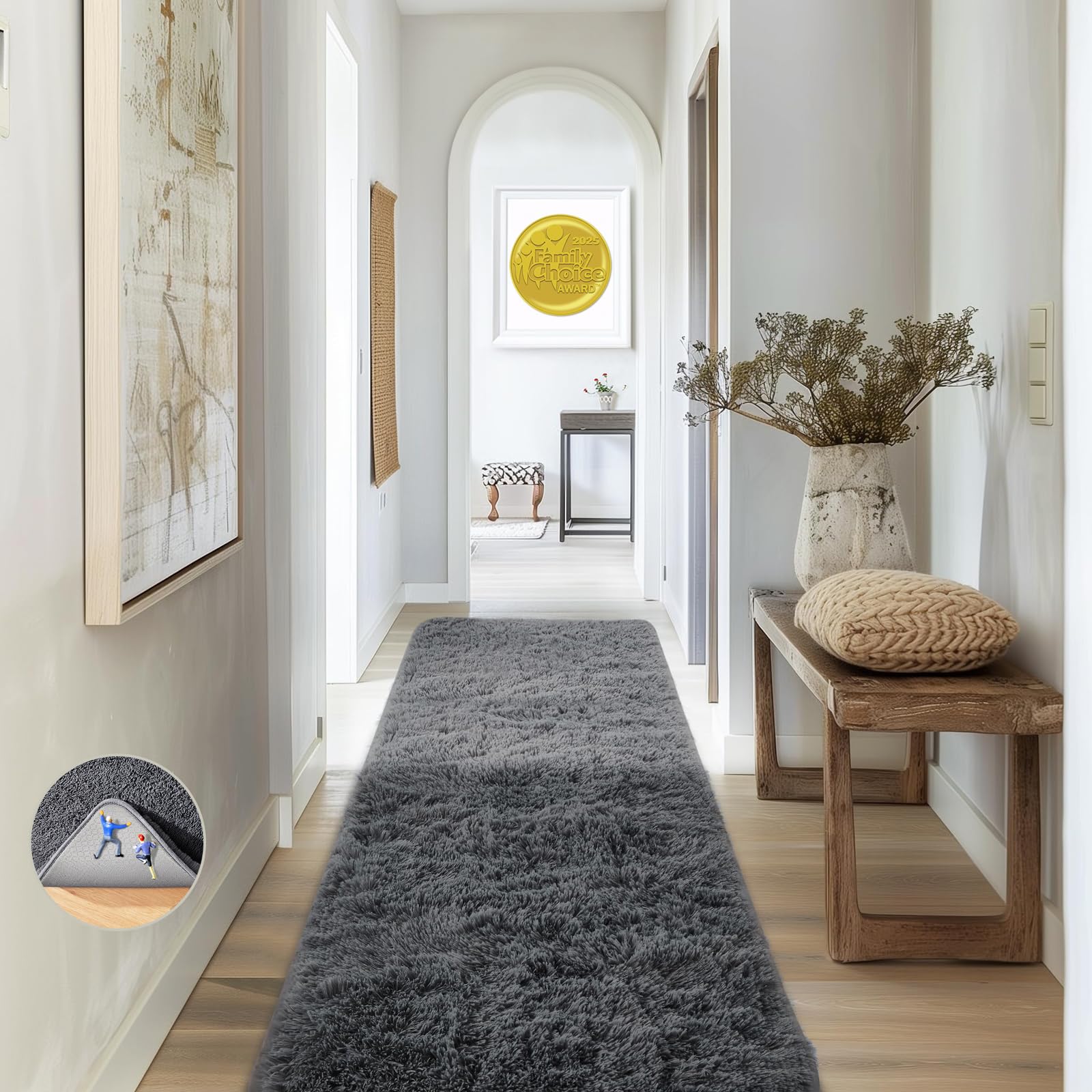 Photo 1 of Ophanie Runner Rug for Hallway, 2x6 Upgrade Non-Slip Fluffy Soft Bedside Rugs, Bedroom Living Room Grey Shaggy Gray Carpet for Kids Girls Boys Dorm Nursery Home Decor Aesthetic