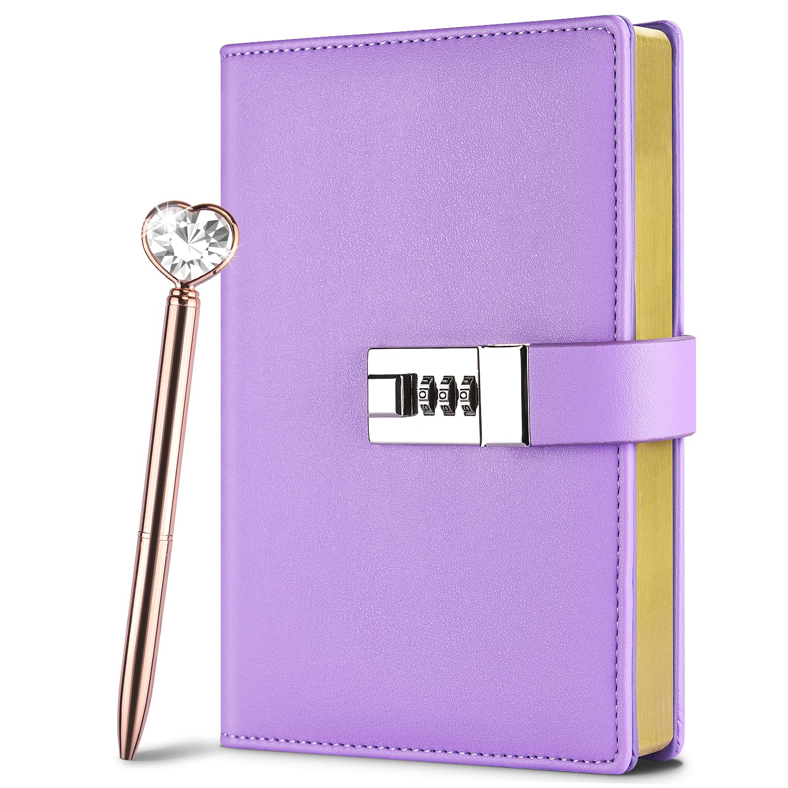 Lock Diary for Woman, Leather Locking Journal with Pen,Gold Gilded Edges Writing Notebook Combination Locked Journal Planner Agenda Personal Diary(Purple,19.5 x 13.3 cm)