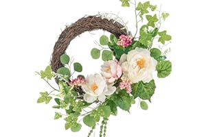 Hometrance Spring Wreath for Front Door, Half Circle Surrounded by Cream & Pink Peony, 20-22 Inch Outdoor Summer Wreath, Farmhouse Indoor Decor, Flower Wreath for Wedding Home Wall Window Porch