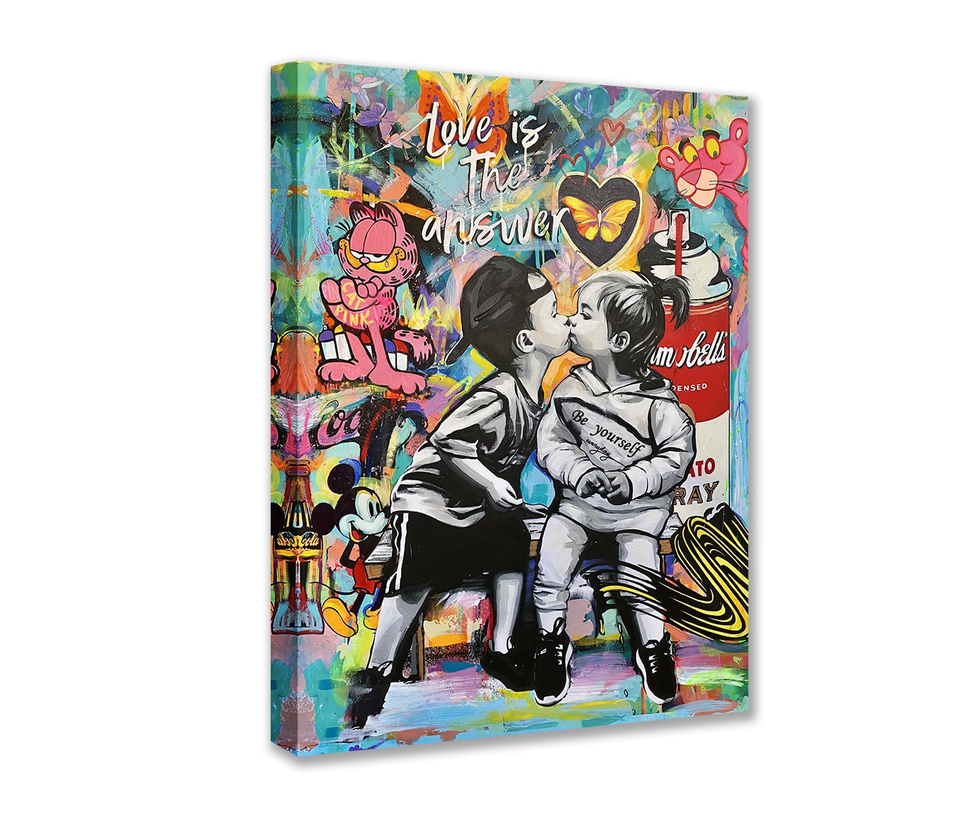 Tucocoo Banksy Street Art Canvas Wall Decor Love is The Answer Graffiti Paintings Little Boy and Girl Kiss Pictures Modern Artwork Home Decor for Living Room Framed Ready to Hang 12x16inch x1Piece