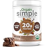 Orgain Organic Simple Vegan Protein Powder, Chocolate - 20g Plant Based Protein, Made with less Ingredients, No Artificial Sweeteners, Gluten Free, No Dairy or Lactose, 1.25 lb (Packaging May Vary)