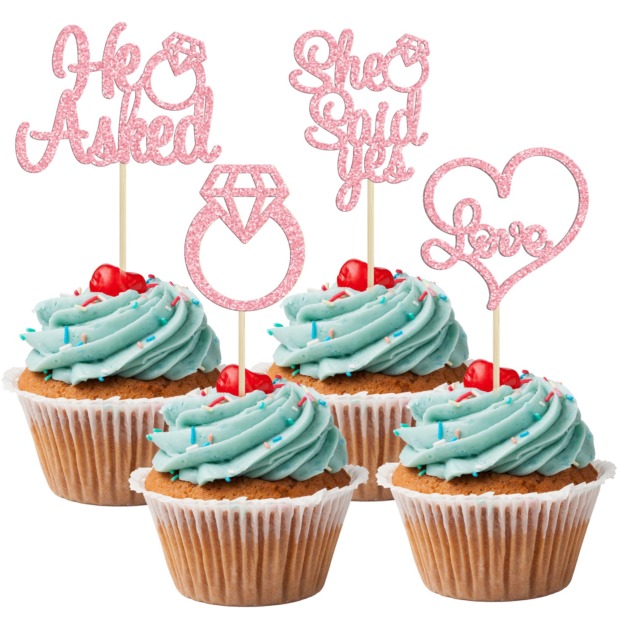 Gyufise Pink 24Pcs He Asked She Said Yes Cupcake Toppers Diamond Ring Heart Cake Picks for Wedding Engagement Party Cake Decorations