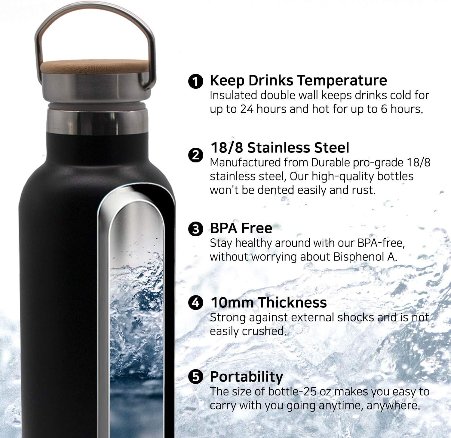 GONNADOO Stainless Steel Insulated Water Bottle 25 oz with 3 Lids, Vacuum, Insulated Stainless Steel, Hot Water, Cold Water, Sports Water Bottle (Black) : Sports & Outdoors