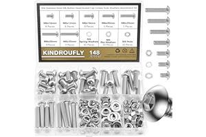 Kindroufly 148 Pieces M6 x 10/12 /16/20 /25/30 /35mm Button Head Socket Cap Screws Nuts Washers Assortment Kit, 304 Stainless Steel, Fully Machine Thread