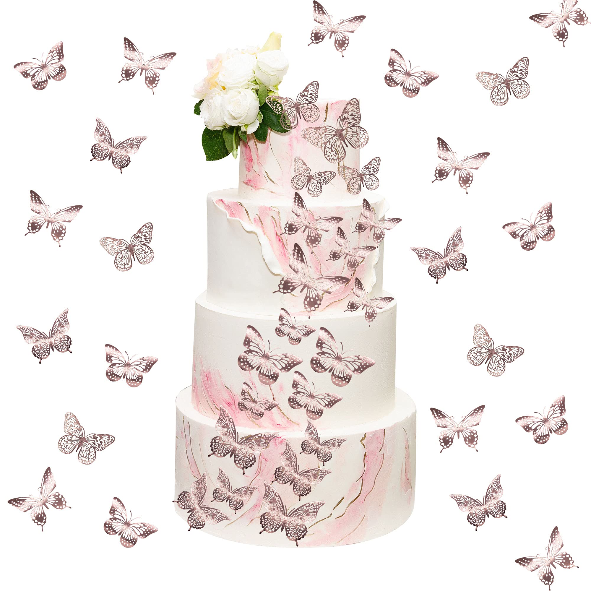 Gyufise 48 PCS Rose Gold Lively 3D Butterfly Cupcake Toppers Hollow Art Butterfly Cake Topper Decorations for Baby Shower Wedding Anniversary Kids Birthday Party Supplies Mixed Size
