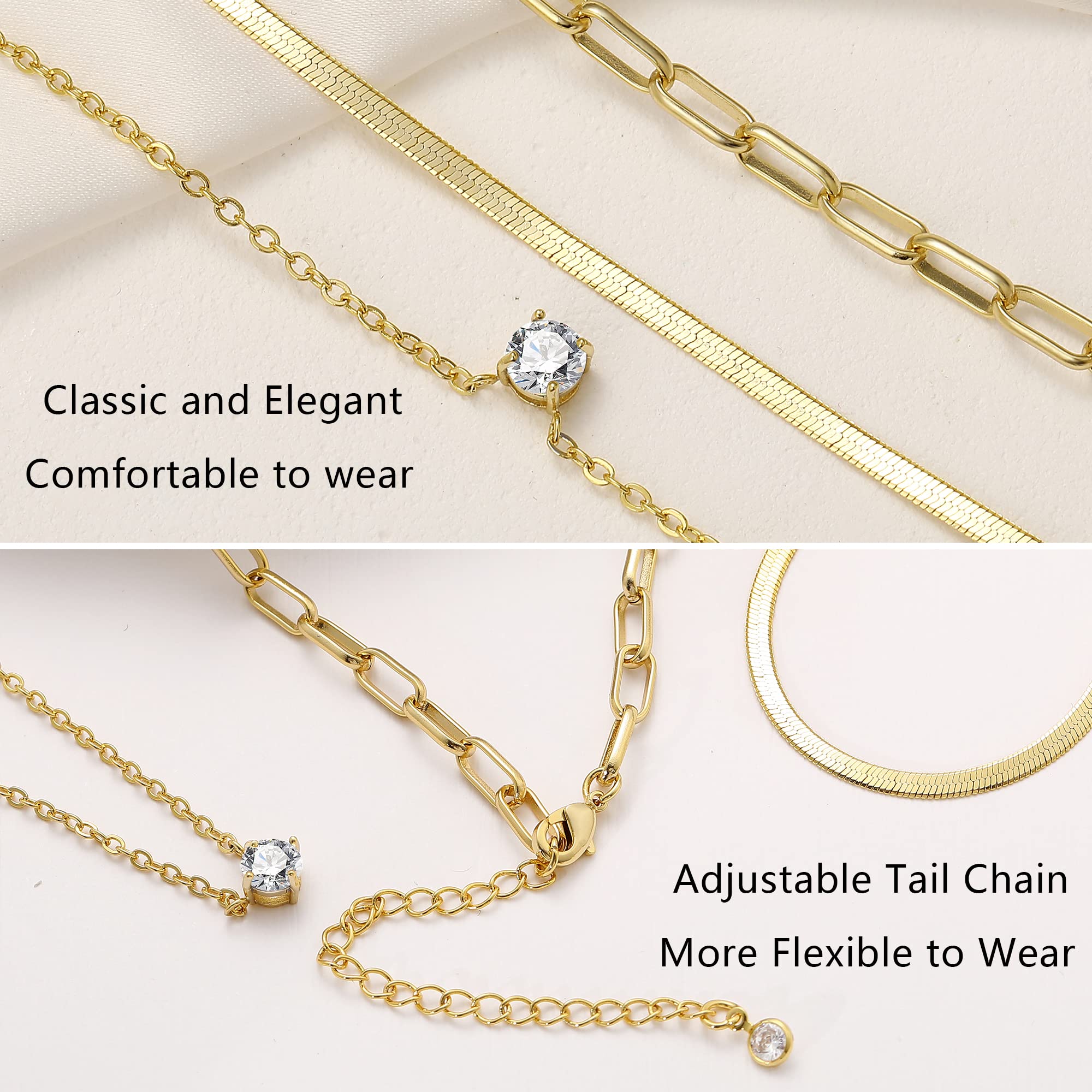 17 MILE Gold Layered Choker Necklace for Women, 14K Real Gold Plated CZ Pendant Necklace, Dainty Flat Snake Chain Layering Necklace for Gift