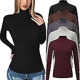 Chongbaijia 5 Pack Womens Long Sleeve Tops Mock Turtleneck Basic T Shirt Fall Stretch Tight Fitted Thermal Shirts