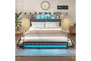 CSZZD Full Bed Frame with 4 Storage Drawers and Bookcase Headboard, Upholstered Bed Full Size with USB Charging Station & LED Lights, Metal Platform Bed with Storage, No Box Spring Needed, Oak Gray