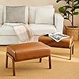 Glitzhome 15.5"(H) Footrest Stool Set of 2, Leatherette Ottoman, Accent Padded Sofa Foot Stool for Accent Chair, Wood Frame Foot Rest Ottoman for Living Room, Bedroom, Yellowish-Brown