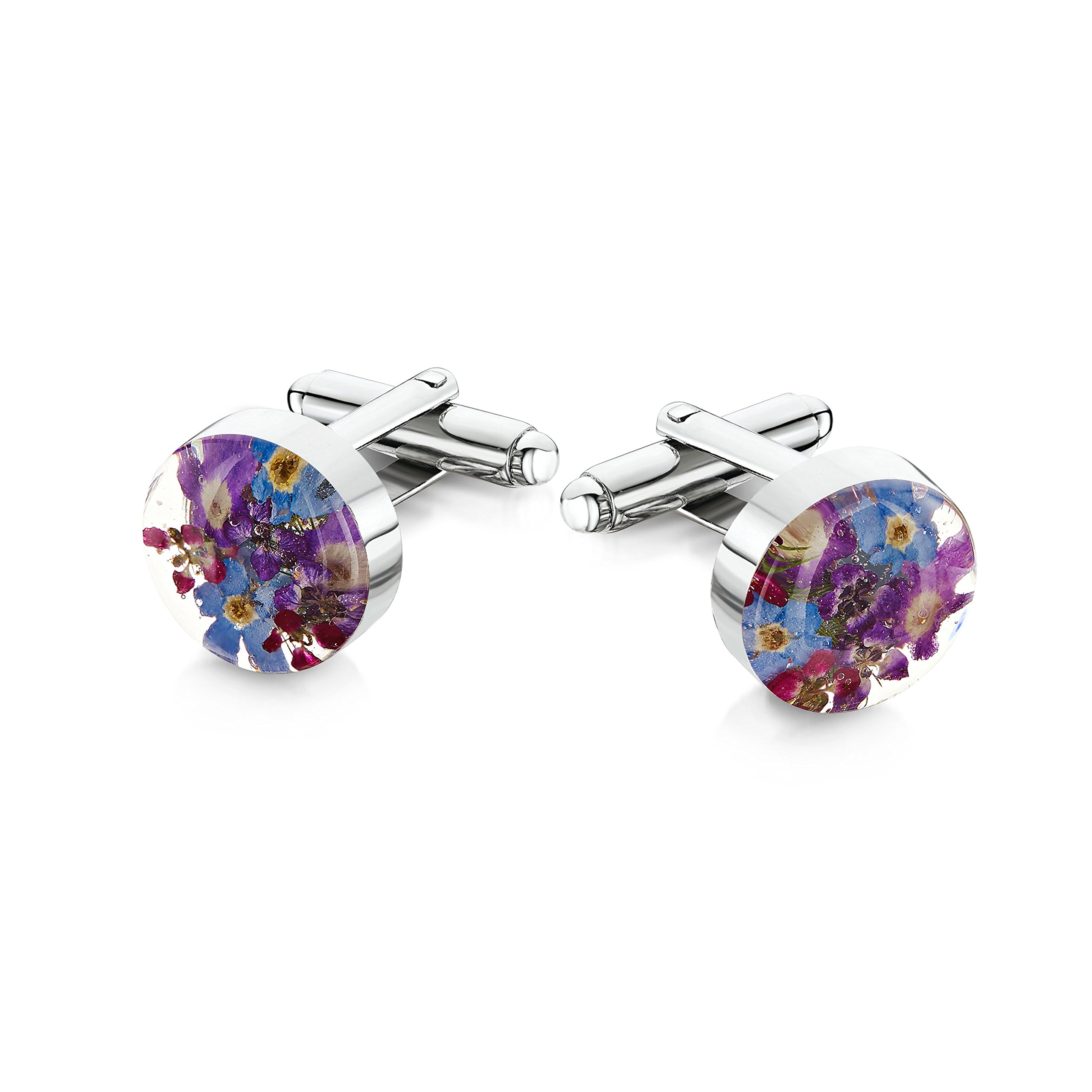Sterling Silver Real Flower Cufflinks - Forget-Me-Not Purple & Blue - Round - in giftbox