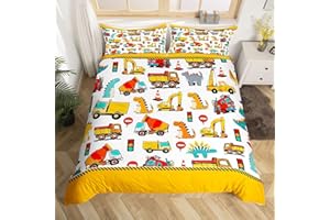 Kids Construction Bedding Set Queen Size Boys Cute Cartoon Dinosaur Comforter Cover Set Super Soft Microfiber Equipment Truck