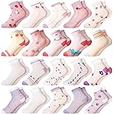 Fourluoo 20 Pairs Girls Socks Bulk Toddler Girl Cotton Kids Strawberry Flower Crew Cute Socks for Little Girls