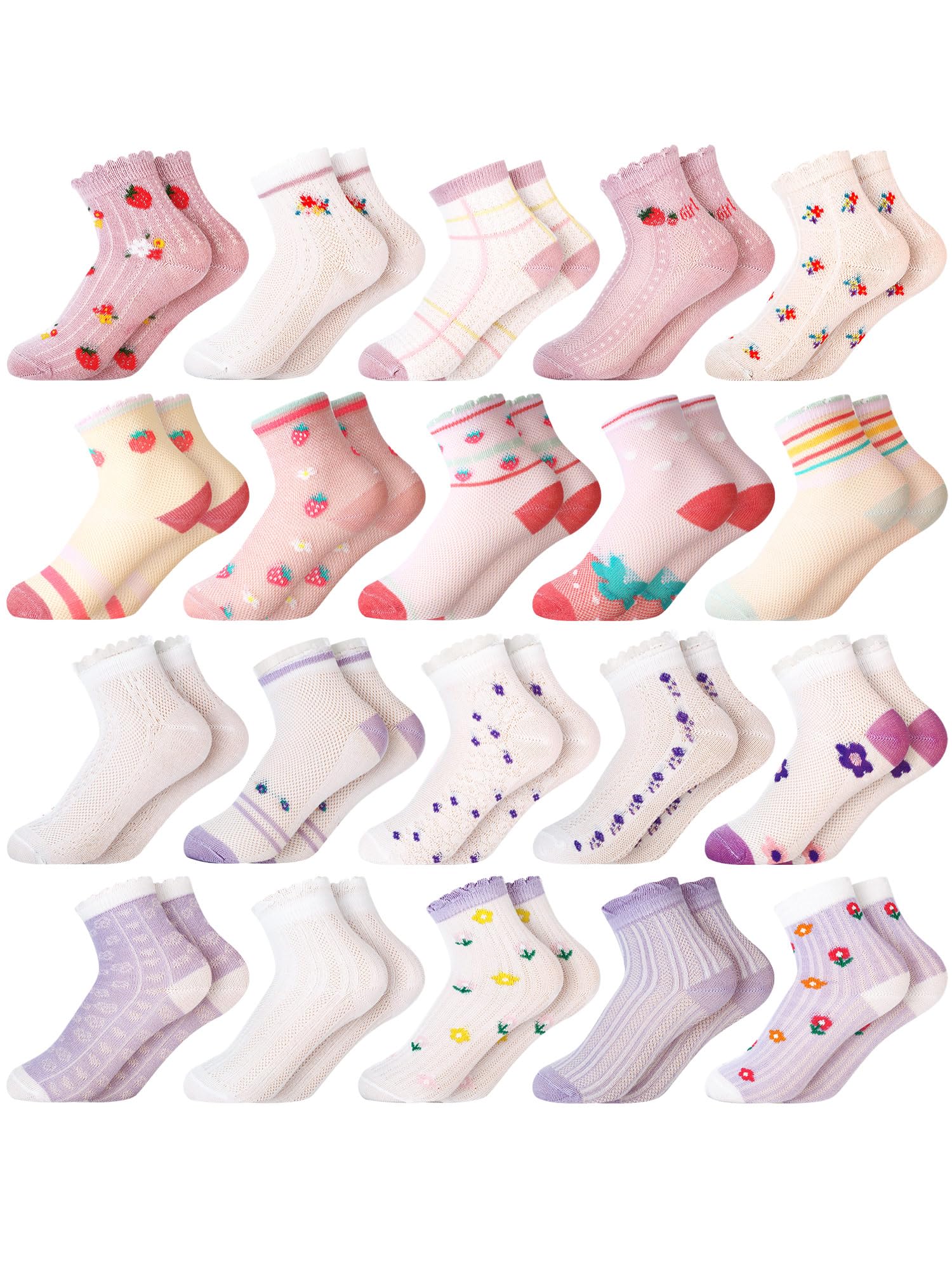 Photo 1 of Fourluoo 20 Pairs Girls Socks Bulk Toddler Girl Cotton Kids Strawberry Flower Crew Cute Socks for Little Girls (Cute Color,6-8 Year)