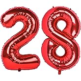 40 Inch Red Number 28 Balloon Giant Helium Polyester Film 28th Birthday Girl Boy Self Inflating Digit Twenty-Eight For Anniversary Celebration Baby Shower New Year Engagement Party Decoration