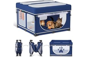 LOOBANI Foldable Dog Playpen with Cover: 1 Min Setup Pet Puppy Playpen Indoor, Sturdy Reinforced Steel/Iron Frame Dog Fence, Portable Whelping Box for Home Dog Cat Rabbit-43.3"x43.3"x27.1"│Patented