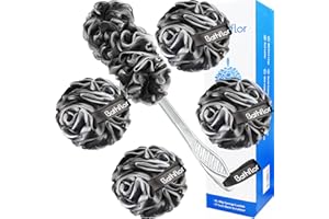 Bathflor Loofah Sponge Exfoliating Body Scrubber: 4PCS Extra Large 80g Shower Loofahs Poufs, 1PCS Long Handle Loofa Back Scrubber, 1PCS Luffa Hook, Charcoal Loofah Pack for Women Men Bath Wash, Black