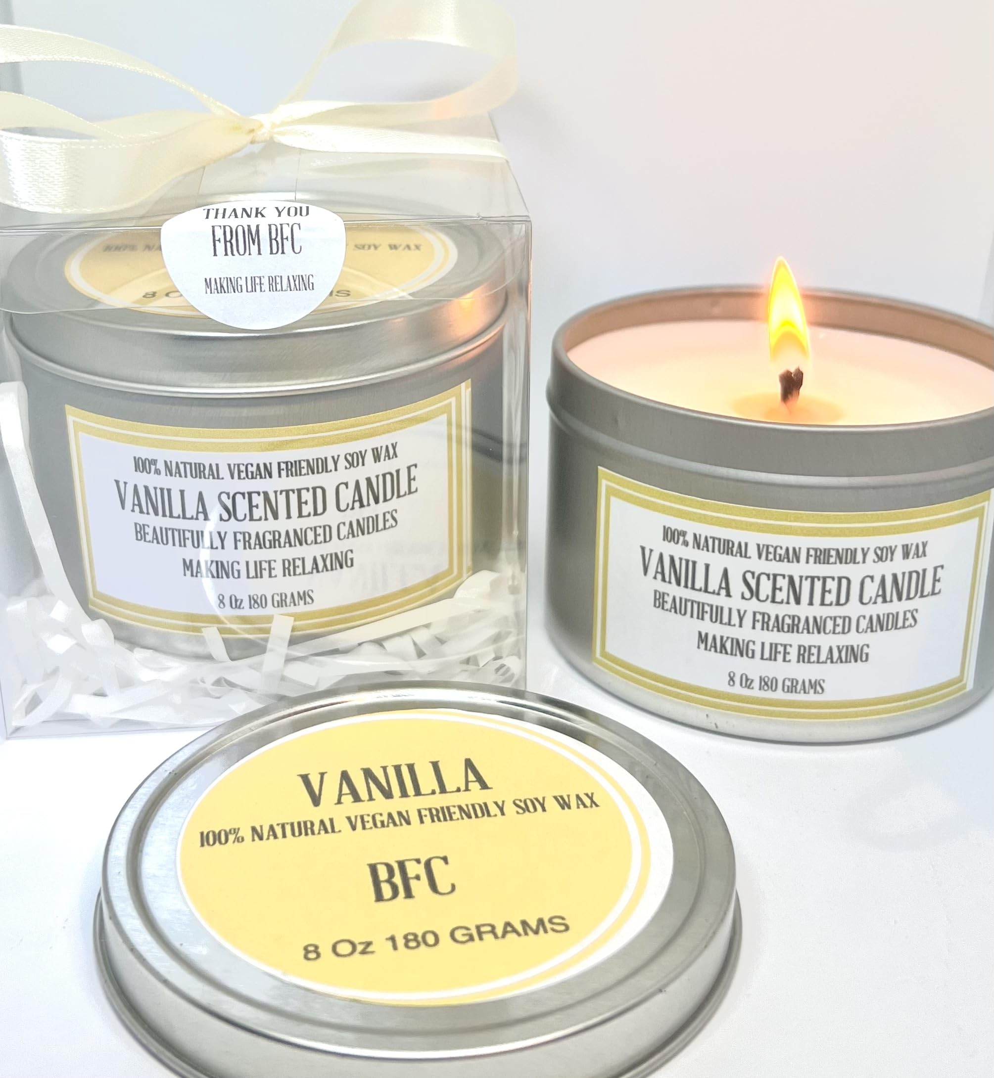Vanilla Scented Soy Wax Candle - Handmade BFC - Vanilla Scented 36 Hours Burn Time 8 Oz 180 Grams Soy Wax Candle Silver Brush Finish Tin. Vanilla Scented
